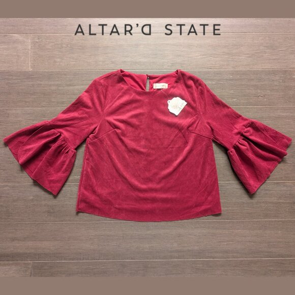 Altar'd State Tops - Altar'd State, Cranberry Red Faux Suede Blouse with Bell Sleeves, Sz S